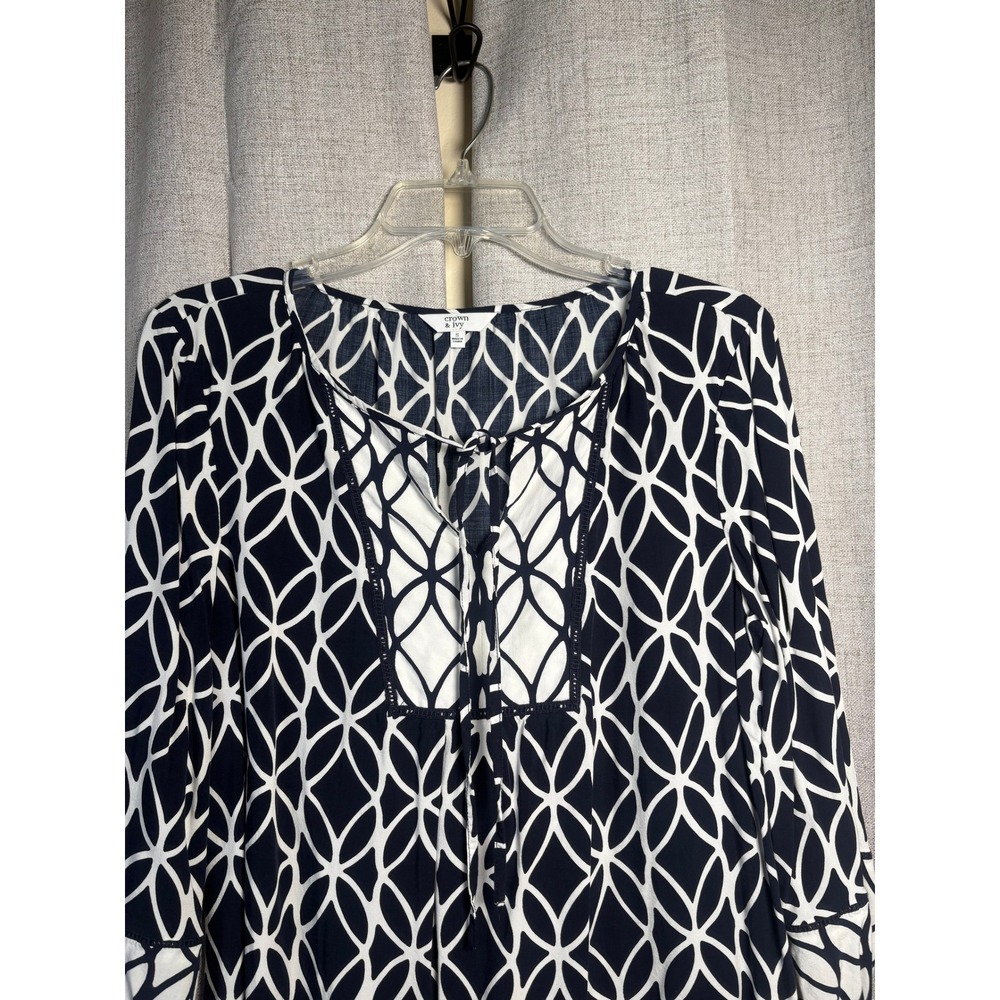 Crown & Ivy Navy Blue White Geometric Print Tie Neck Blouse Top Small